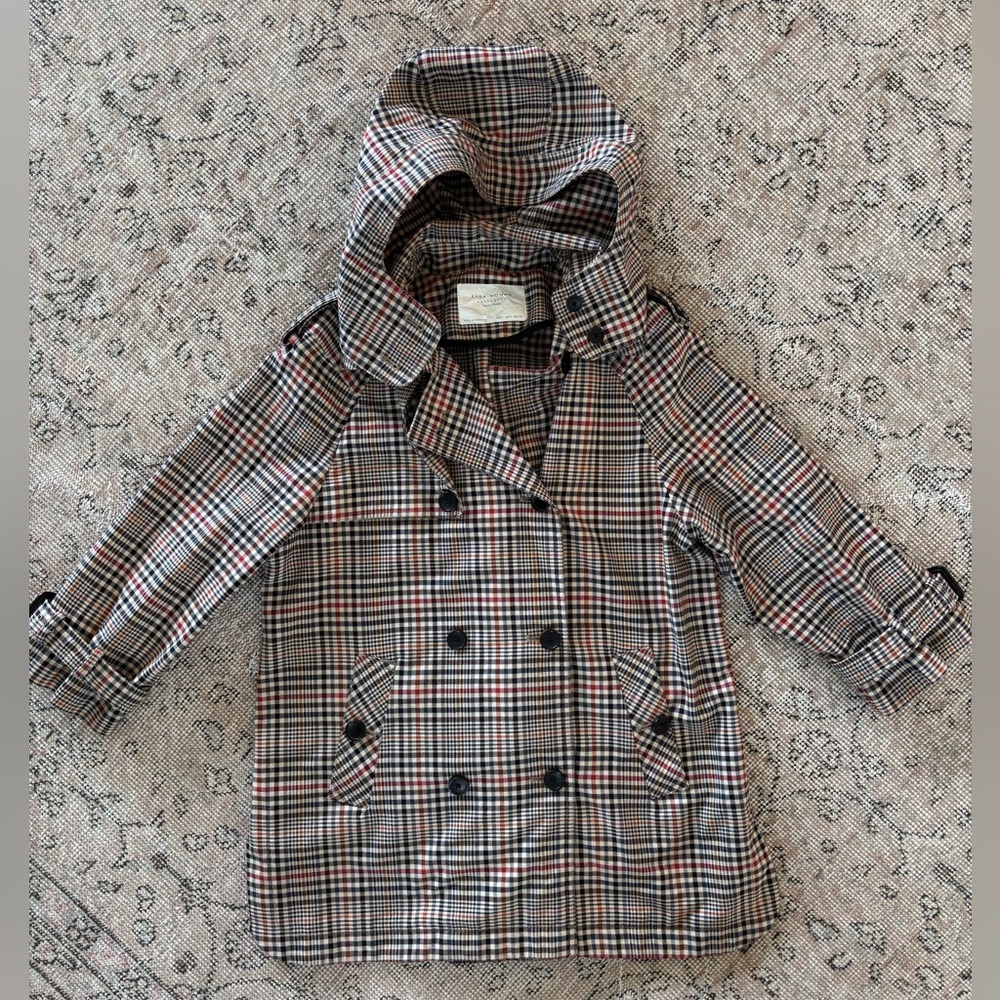 ZARA trench coat jacket plaid checkered hood S small Burberry style - Picture 2 of 11